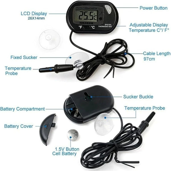 Digital Aquarium Thermometer with Probe - LCD Fish Tank Water Temperature Monitor